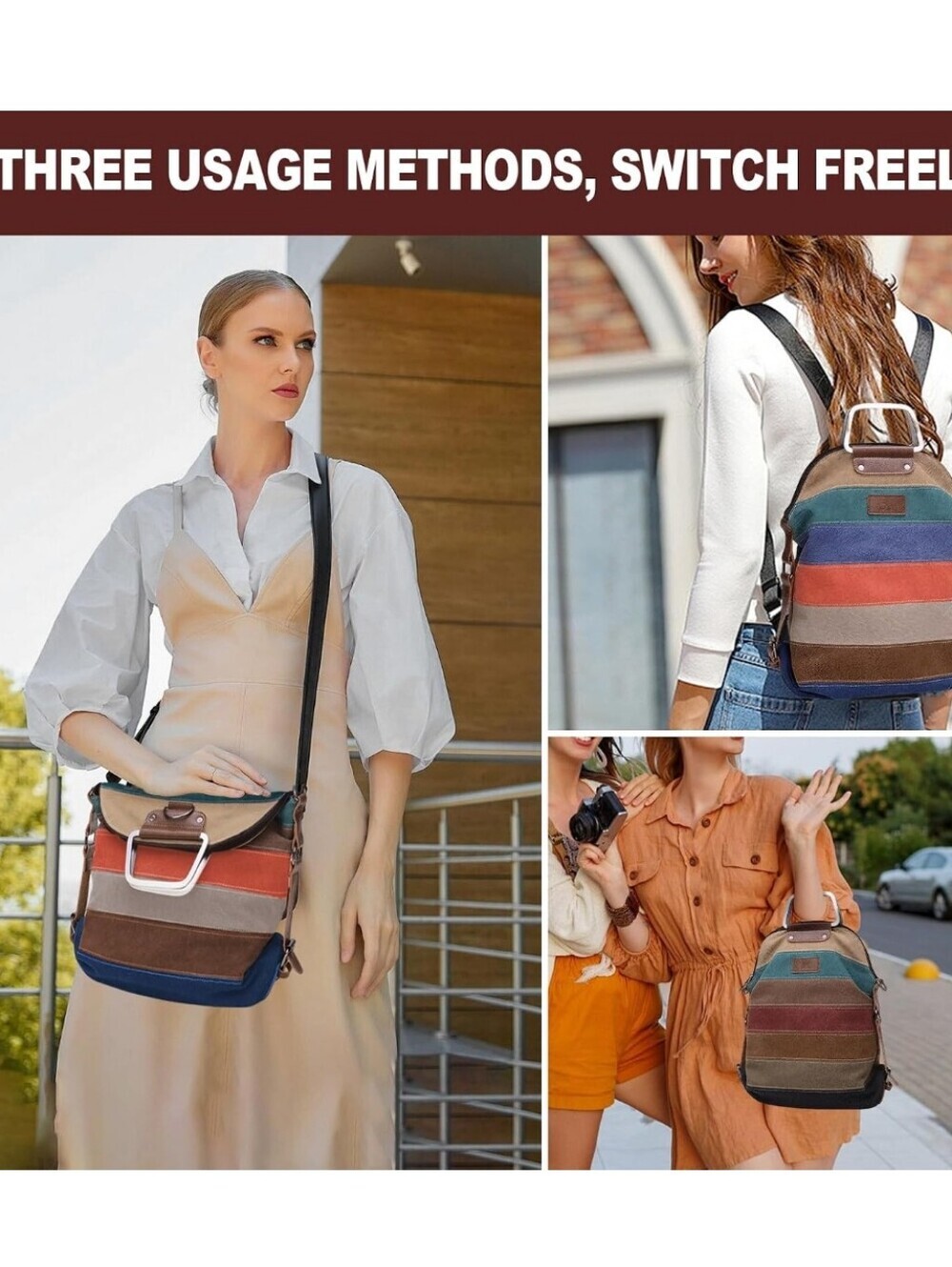 Women’s Multi-Stripe Canvas Crossbody Bag - Beige, Orange, Brown, Blue - Picture 3 of 6